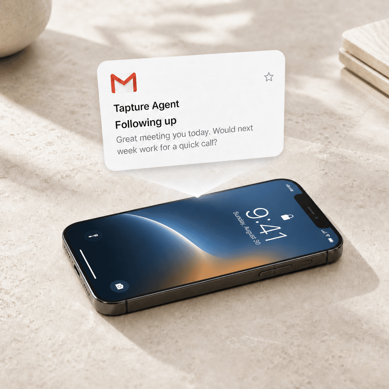 A Tapture follow-up notification beside a smartphone