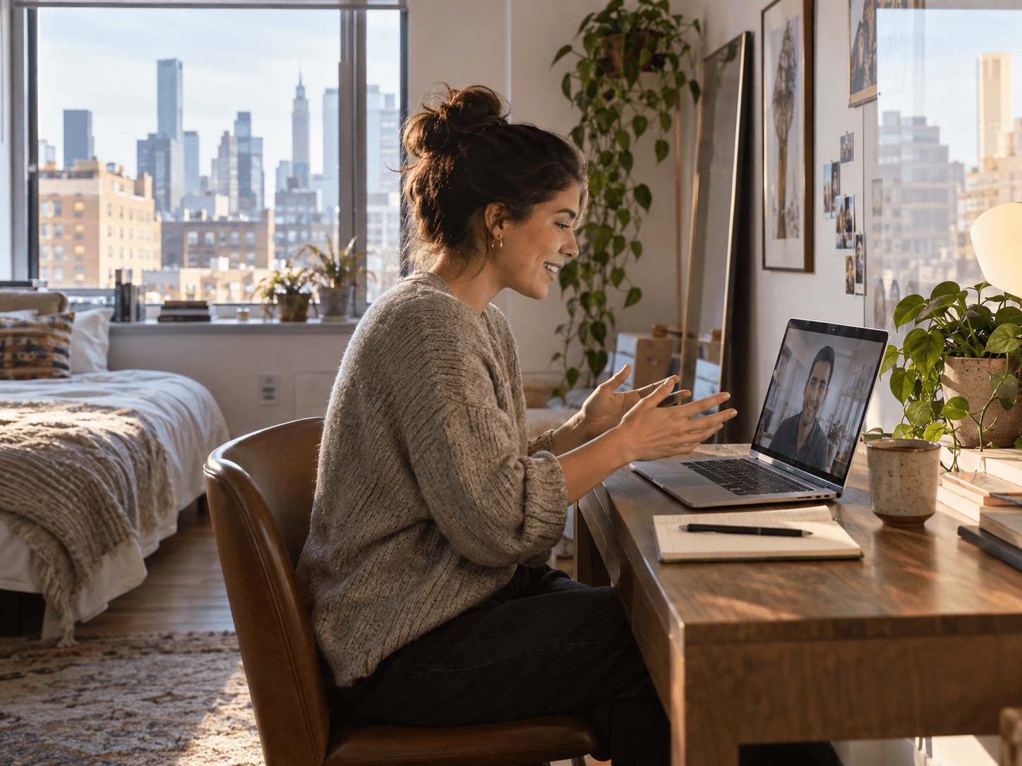 Professional joining a video call from a New York City studio apartment